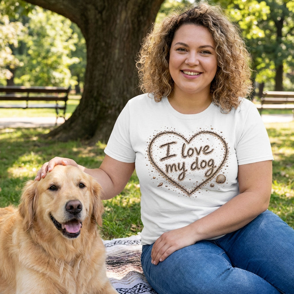 Woman wearing a white crewneck t-shirt with an I love my dog heart design in sand, sitting in a park with a golden retriever.