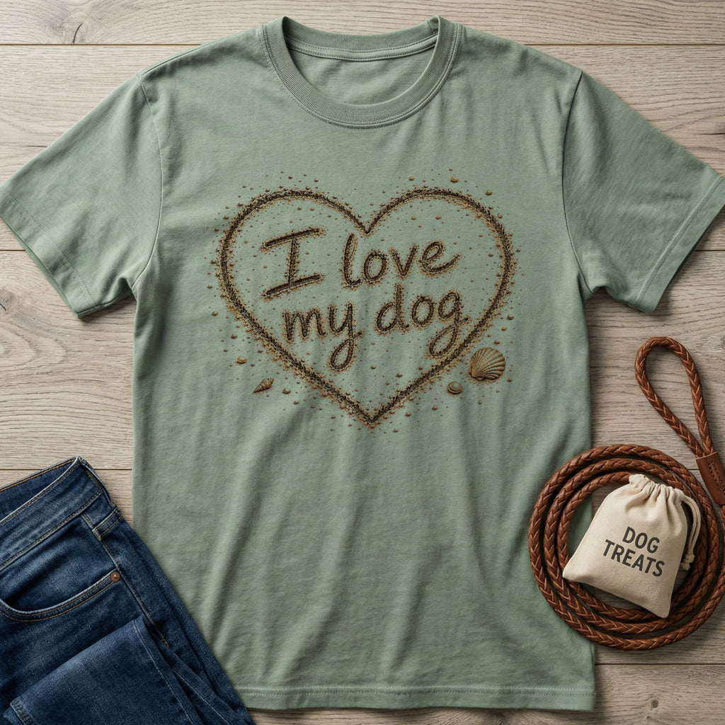 Sage green crewneck t-shirt featuring a heart-shaped sand design with the text I love my dog and small seashell accents.