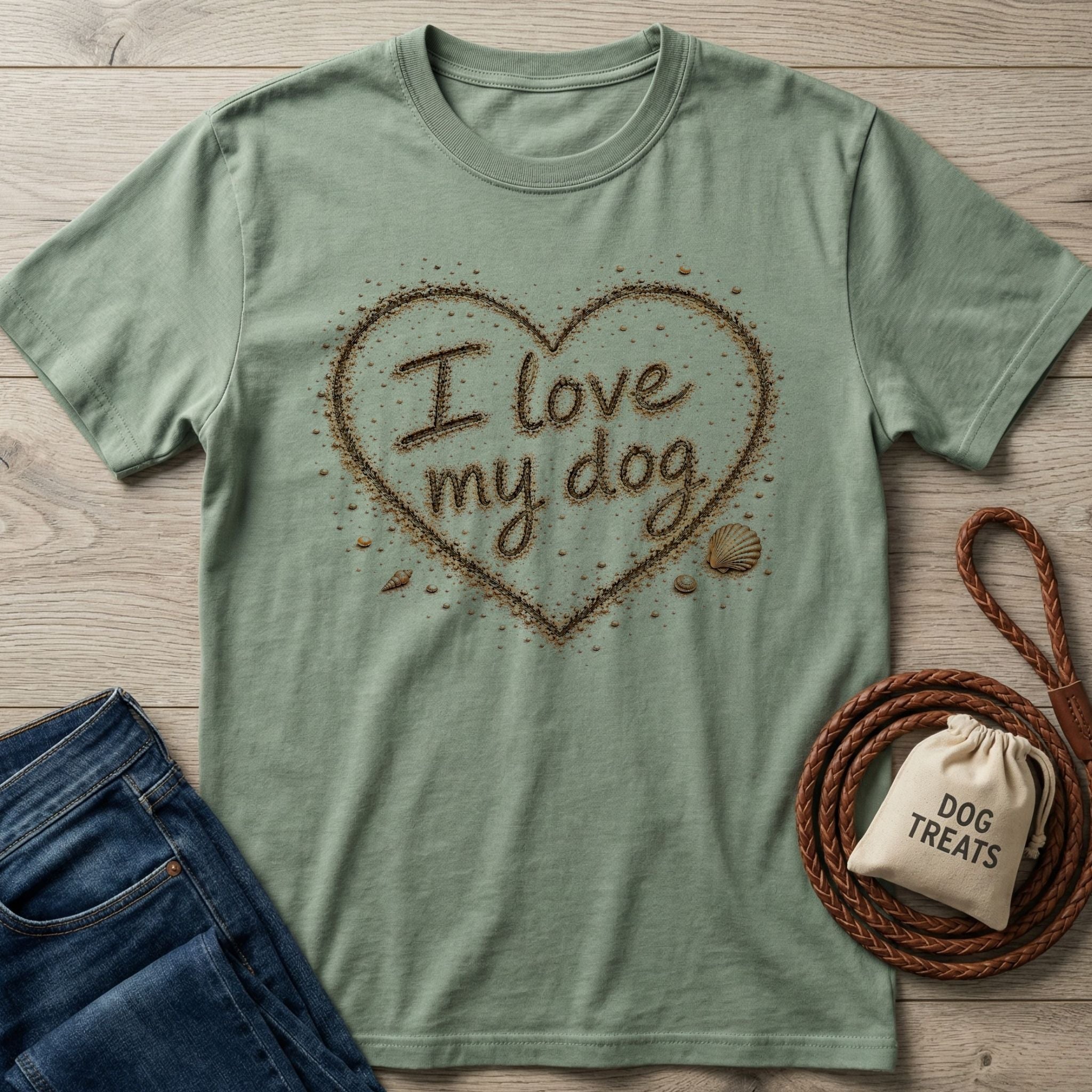Sage green crewneck t-shirt featuring a heart-shaped sand design with the text I love my dog and small seashell accents.