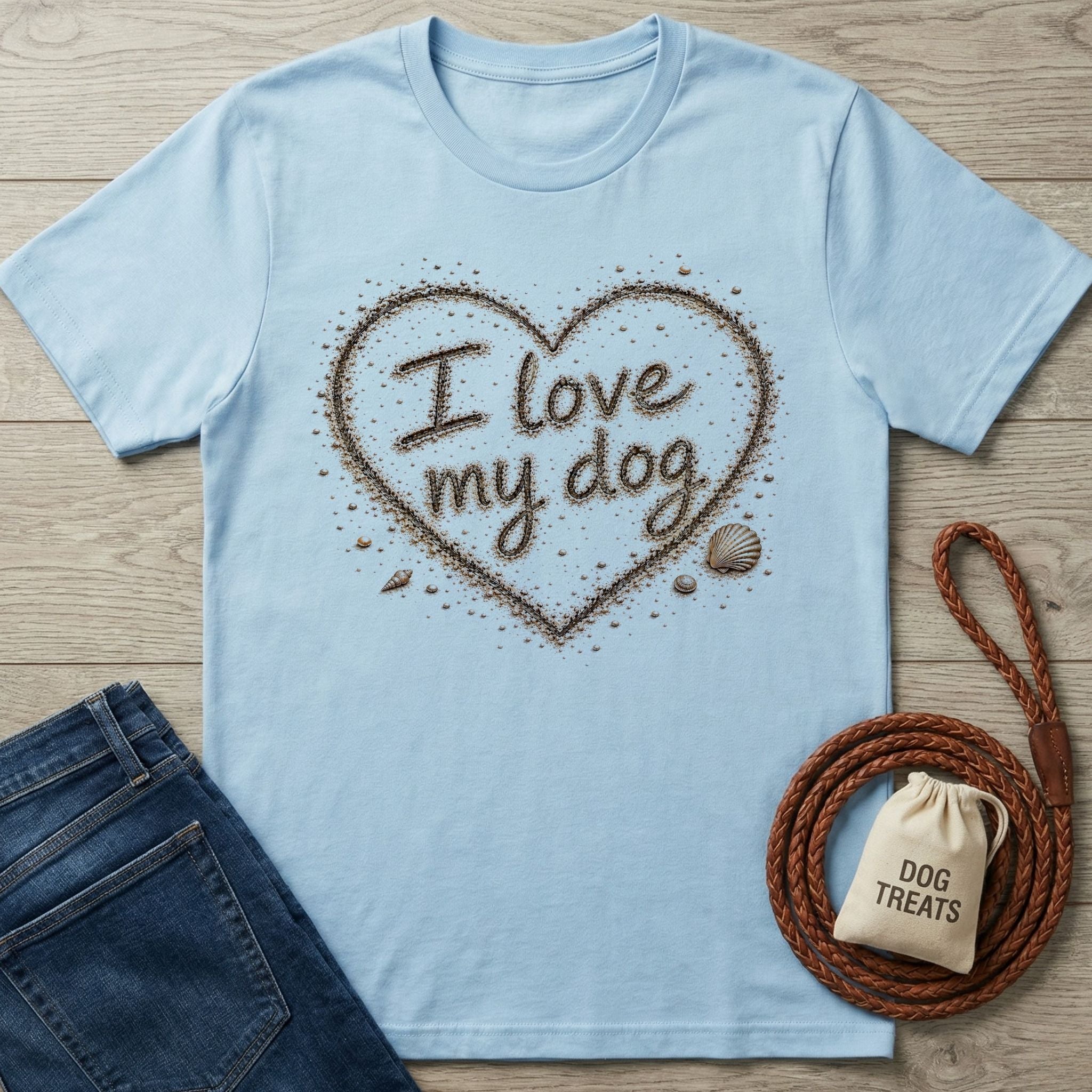 Light blue crewneck t-shirt featuring an I love my dog heart design made of sand and seashells on a wooden background.