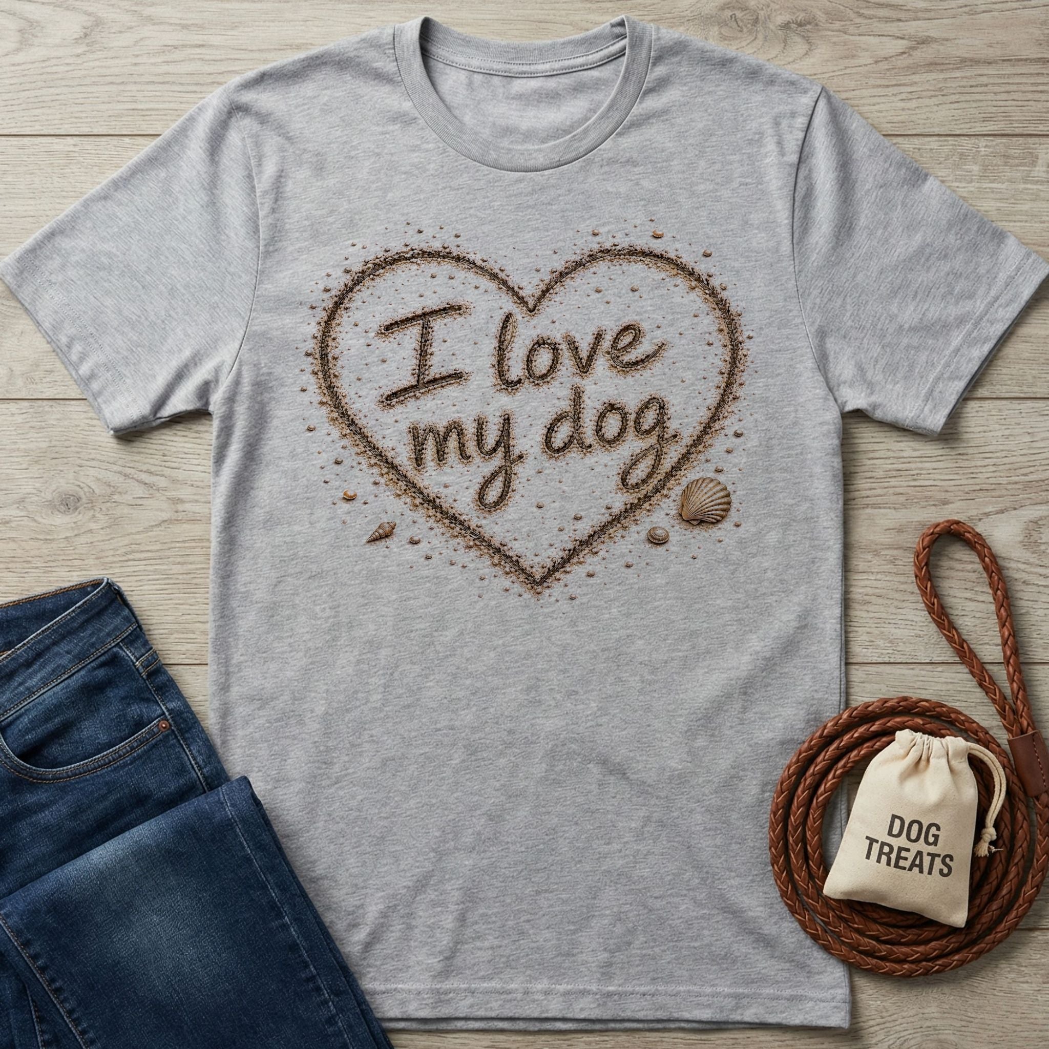 Grey crewneck t-shirt featuring a heart made of sand with the text I love my dog, accented by seashells.