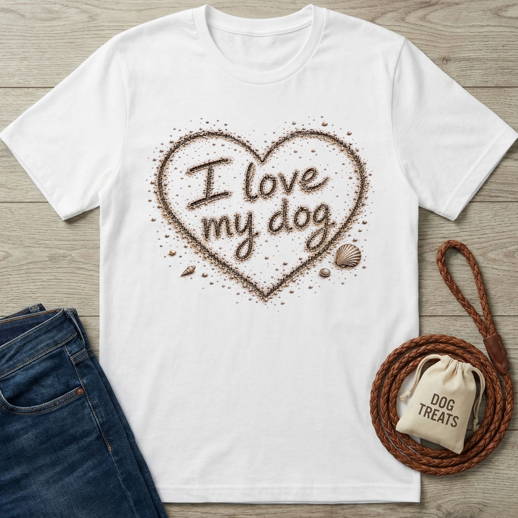White crewneck t-shirt featuring an I love my dog heart design written in sand with seashells on a wooden background.
