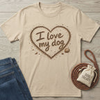Beige crewneck t-shirt featuring a heart-shaped sand design with the text I love my dog and small seashell accents.