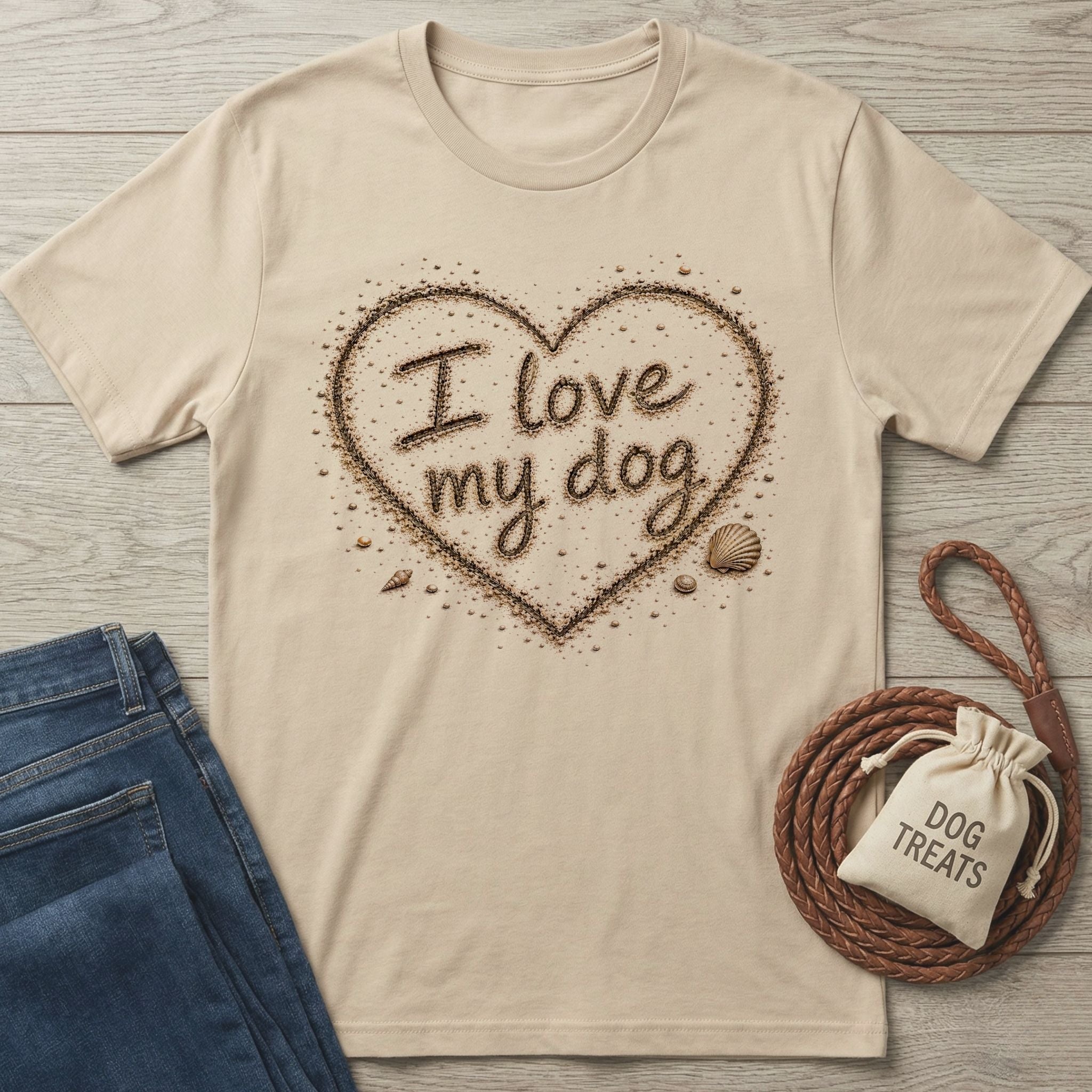 Beige crewneck t-shirt featuring a heart-shaped sand design with the text I love my dog and small seashell accents.