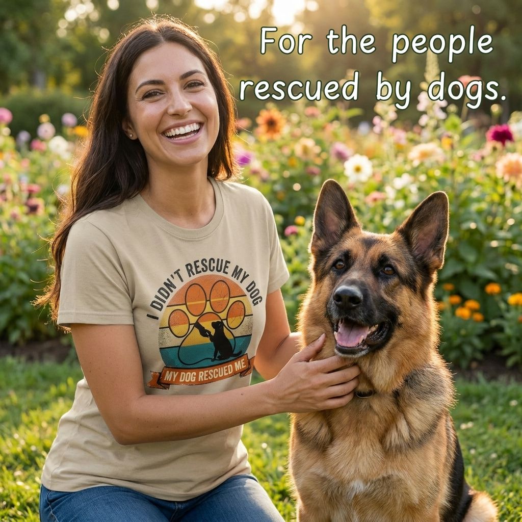 A woman kneeling outdoors in a flower garden with a German Shepherd dog beside her, wearing a beige graphic T-shirt. The shirt reads, 'I DIDN'T RESCUE MY DOG MY DOG RESCUE ME' with a dog silhouette and sun graphic.